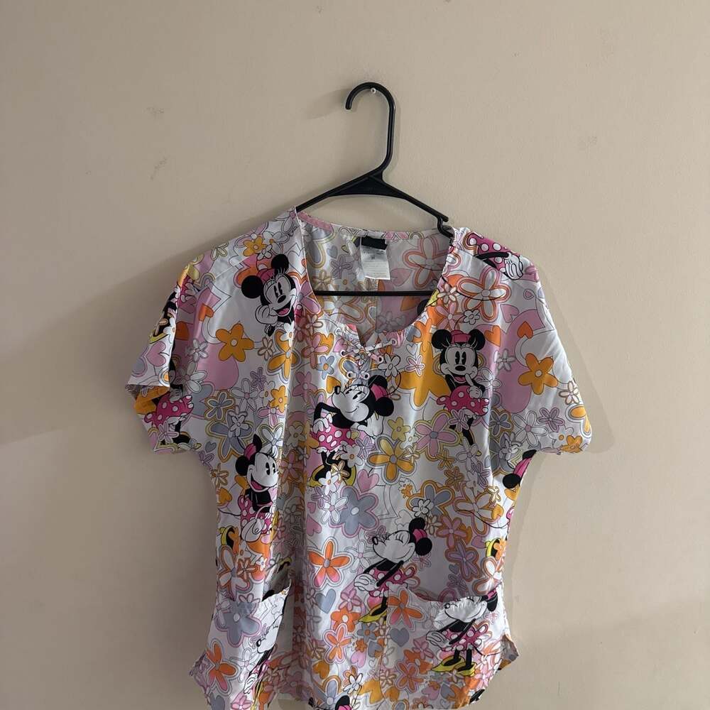 Minnie Mouse Floral Print Scrub Top, Women's Medium, V-Neck, Pockets